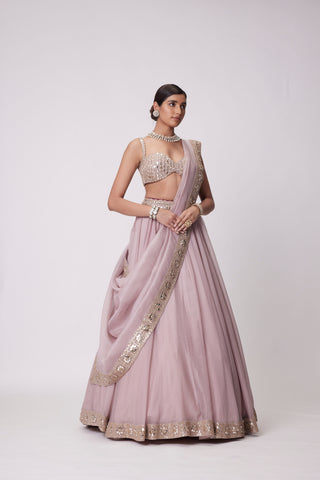 Ash Pink mirror Hand Embroidered Lehenga Set