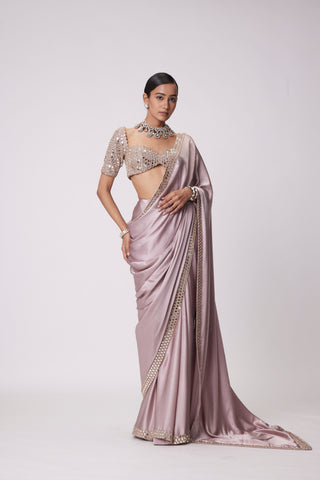 Ash pink Satin Saree Set