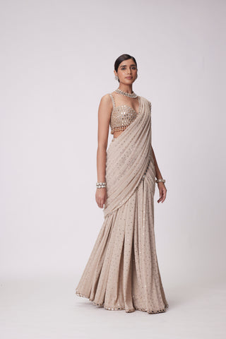 Light Beige Georgette Draped Saree Set