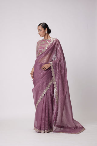 Mud Mauve Hand Embroidered Saree Set