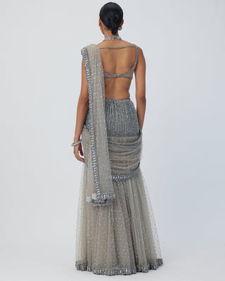 Crystal Grey Sequin Scattered Pre Draped Sari Set