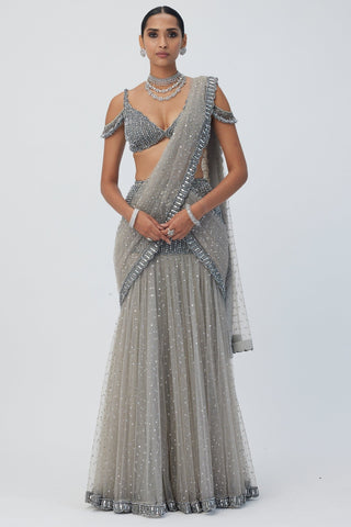 Crystal Grey Sequin Scattered Pre Draped Sari Set