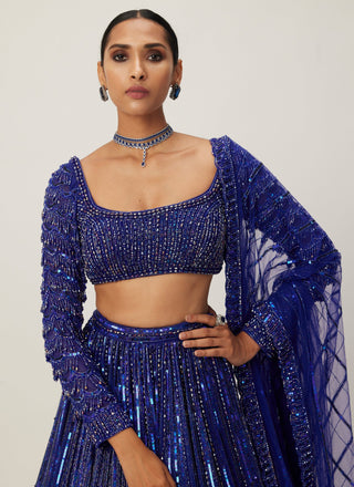 Cocktail Blue Crystal Linear Embroidered Lehenga Set