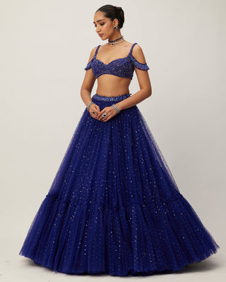 Cocktail Blue Sequins Scattered Tulle Lehenga Set