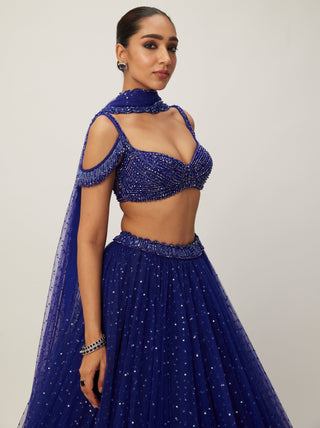 Cocktail Blue Sequins Scattered Tulle Lehenga Set