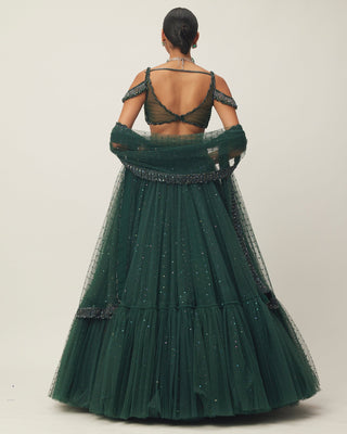 Dark Jade Green Sequins Scattered Tulle Lehenga Set