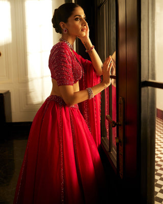 Ruby Red Organza Lehenga Set