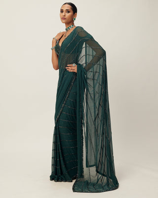 Dark Jade Green Crystal Linear Embroidered Sari