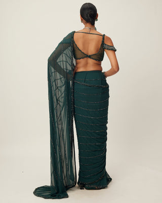 Dark Jade Green Crystal Linear Embroidered Sari