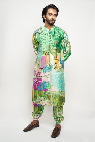 ALAN KUNO PRINT DUPION SILK BOMBER KURTA WITH JOGGER PANTS