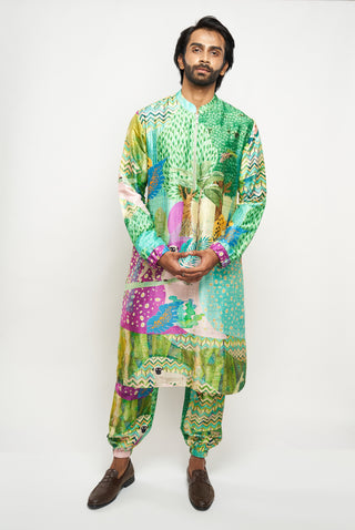 ALAN KUNO PRINT DUPION SILK BOMBER KURTA WITH JOGGER PANTS