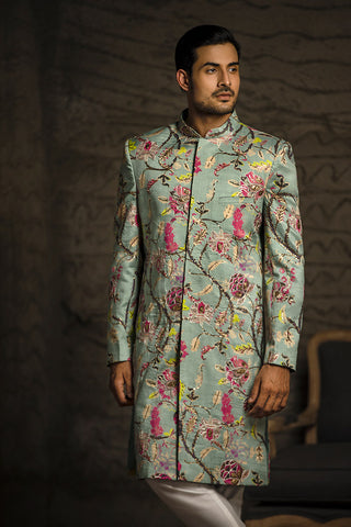 AQUA PRINTED DUPION SILK SHERWANI WITH OFF WHITE COTTON SILK CHURIDAR