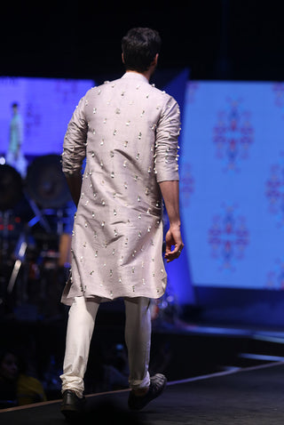 ARSALAN GREY DUPION SILK KURTA WITH OFF-WHITE COTTON SILK CHURIDAR