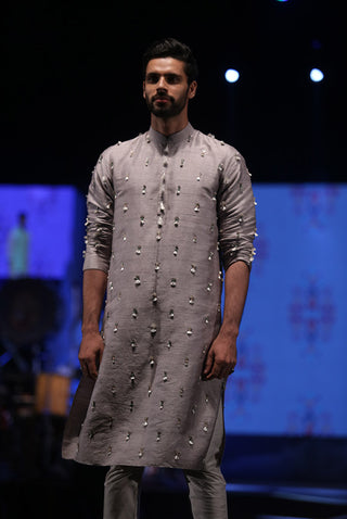 ARSALAN GREY DUPION SILK KURTA WITH OFF-WHITE COTTON SILK CHURIDAR