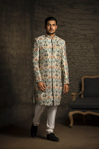 CREAM PRINTED DUPION SILK SHERWANI WITH OFF WHITE COTTON SILK CHURIDAR