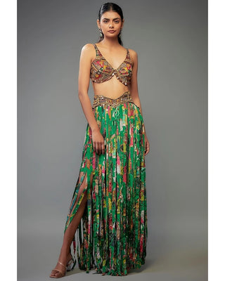 Green Crepe Printed Fringe Skirt Set