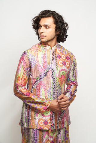 FAIZ AFRICAN MULTI COLOUR PRINT DUPION SILK BANDI WITH PRINTED SILKMUL KURTA AND CHURIDAR