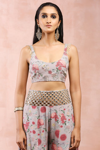 GREY GULBAGH PRINT EMBROIDERED CHOLI WITH SHARARA AND DUPATTA