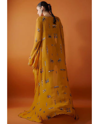 Mustard Drape Skirt And Embroidered Cape Set