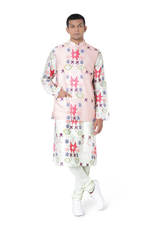 PINK COLOUR PRINTED DUPION SILK BANDI WITH WHITE COLOUR PRINTED SILKMUL KURTA AND OFF WHITE COLOUR COTTON SILK CHURIDAR