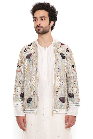 RAJ OFF WHITE GEORGETTE EMBROIDERED BOMBER JACKET WITH ABLA SILK BOMBER KURTA AND JOGGER PANT