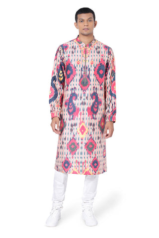 RED COLOUR PRINTED DUPION SILK BOMBER KURTA WITH OFF WHITE COLOUR COTTON SILK CHURIDAR