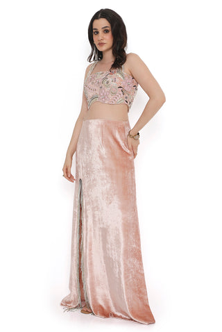 Pink Embroidered Choli With Side Slit Skirt- Ready To Ship