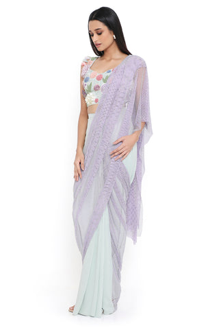 Verona Sea Foam Embroidered Choli And Saree With Purple Mesh Pallu - Ready To Ship