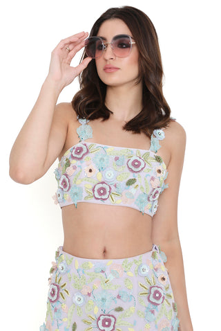 Capri Lilac Embroidered Bustier And Fitted Skirt With Hanging 3D Flowered Tassels - Ready To Ship