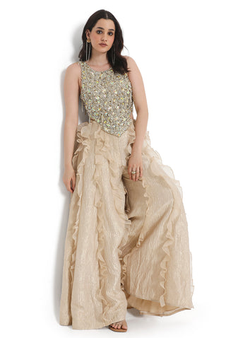 Off White Georgette Embroidered Choli And Gold Tissue Frill Sharara - Ready To Ship