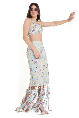 Capri Lilac Embroidered Bustier And Fitted Skirt With Hanging 3D Flowered Tassels - Ready To Ship