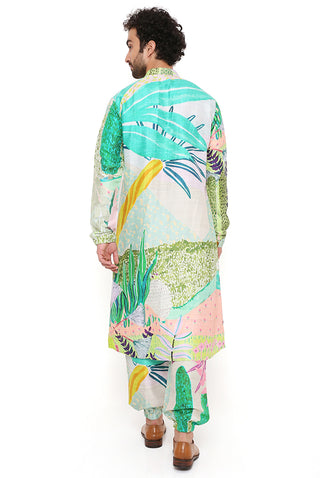 WANDERLUST TROPICAL PRINT DUPION SILK BOMBER KURTA WITH JOGGER PANT