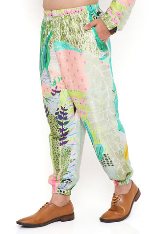 WANDERLUST TROPICAL PRINT DUPION SILK BOMBER KURTA WITH JOGGER PANT