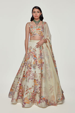 Ivory Divergence Silk Appliquéd And Embellished Lehenga With Blouse And Cutwork Organza Dupatta