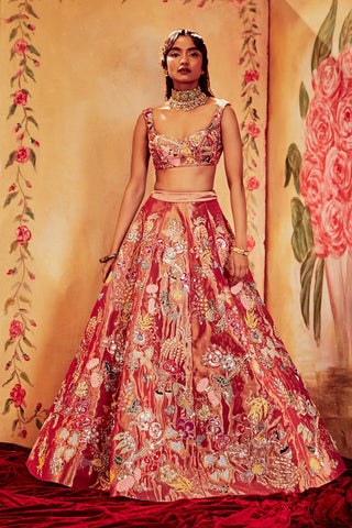 Maroon Paper Dolls Tissue Appliquéd And Embellished Lehenga With Blouse And Cutwork Tissue Dupatta