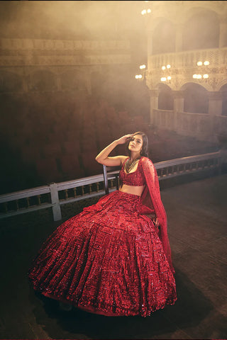 Red Sequin Lehenga Set