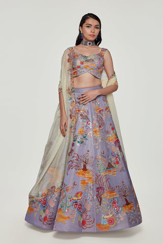 Lavender Divergence Silk Appliquéd And Embellished Lehenga With Blouse And Cutwork Organza Dupatta