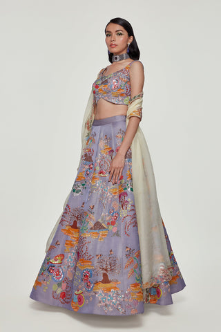 Lavender Divergence Silk Appliquéd And Embellished Lehenga With Blouse And Cutwork Organza Dupatta