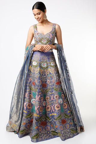 Blue Juna Tissue Appliquéd And Embellished Lehenga With Blouse And Cutwork Tissue Dupatta