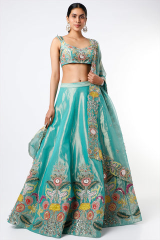 Turquoise Juna Tissue Appliquéd And Embellished Lehenga With Blouse And Cutwork Tissue Dupatta