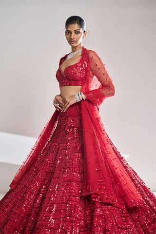 Red Sequin Lehenga Set