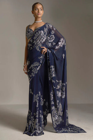 Navy Blue Crystal Saree