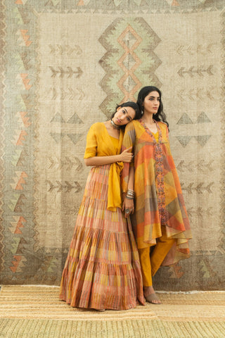 Mustard Lehenga & Organza Knotted Shirt