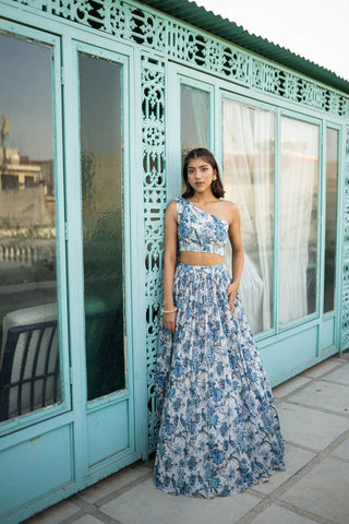 One Shoulder Printed Lehenga