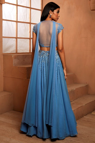 BLUE CAP SLEEVE EMBELLISHED BLOUSE & LEHENGA