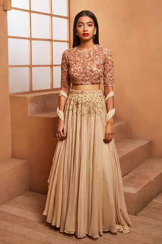 GOLD ROSETTE BLOUSE & EMBELLISHED LEHENGA