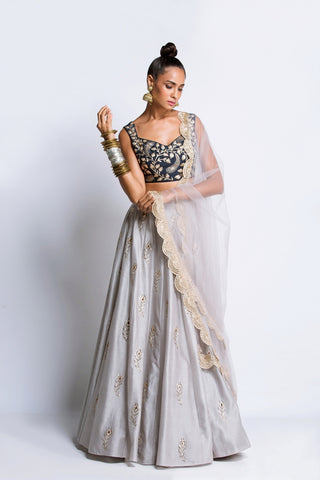 The Navy & Grey Feather Lehenga