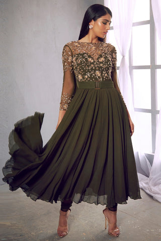 Olive green embellished anarkali