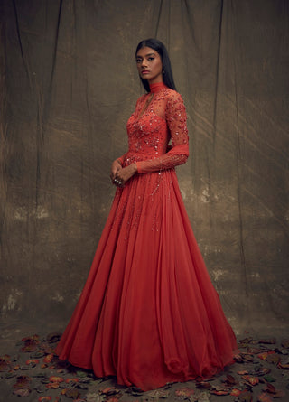 Coral Gown with Embellished Long Sleeves