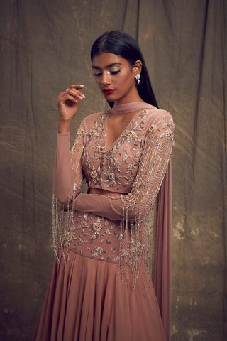 Dusty Rose Lehenga with Embellished Tasseled Sleeves